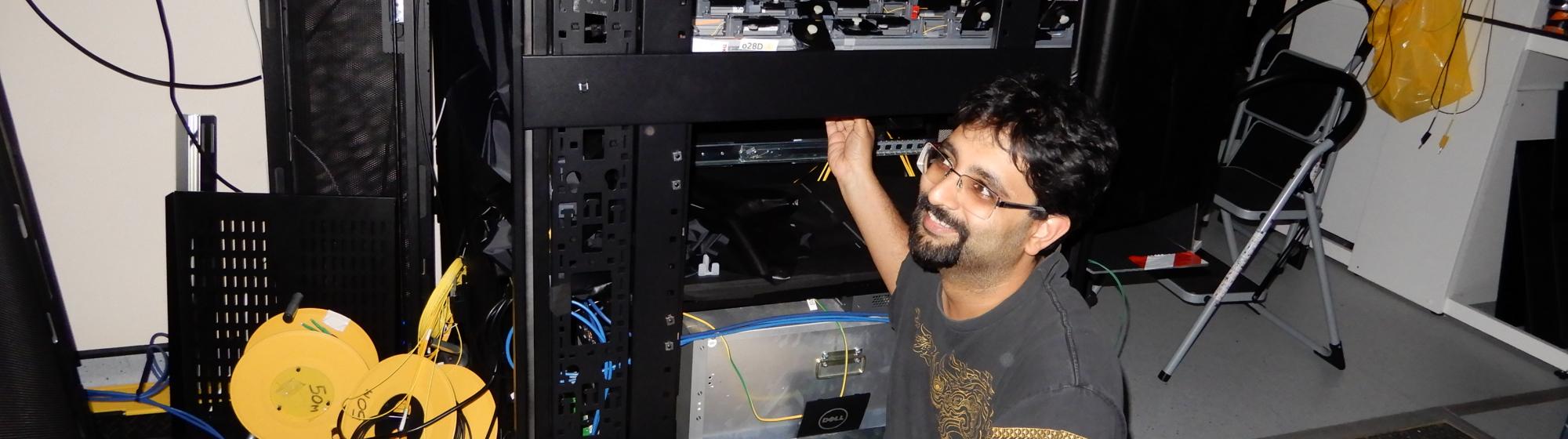 The project leader Siddarth K Joshi optimising the central quantum network hub.